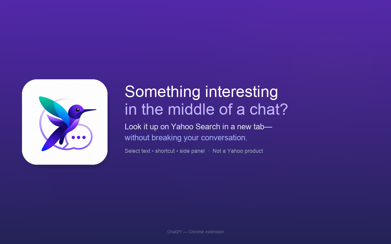 Search2Y promotional screenshot with hummingbird icon and chat-to-search message